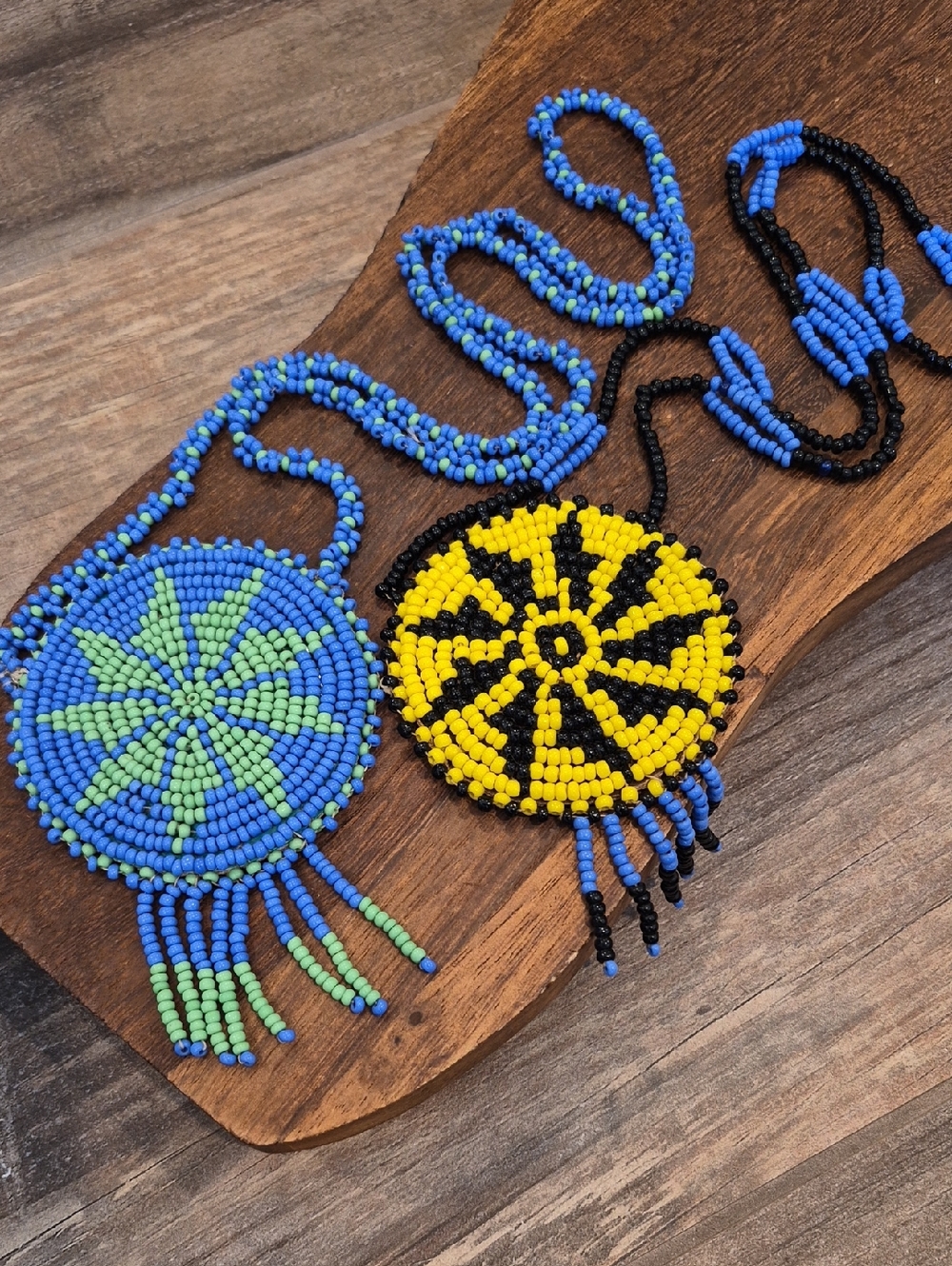 Vtg Seed Bead Medallion Pendant Necklaces, Blue, Green Yellow, & Black - Picture 1 of 13